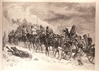La Guerre entre la Serbie et la Bulgarie : Artillerie serbe traversant les montagnes de Ploca dans une tempête de neige, d